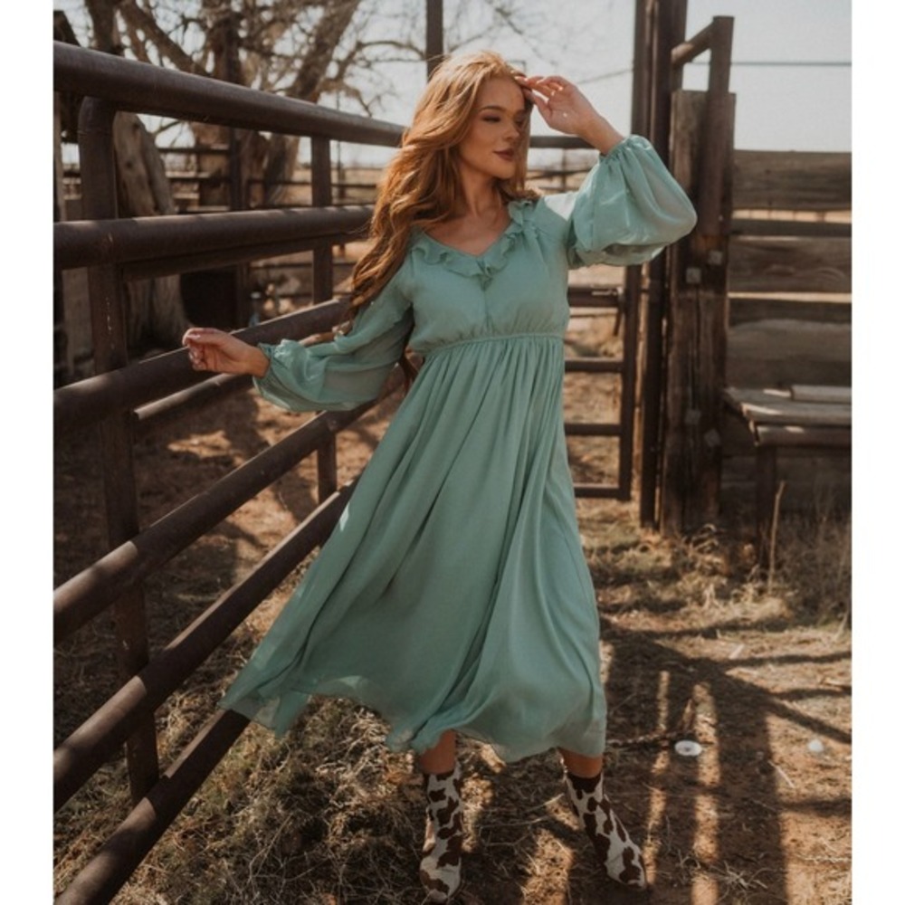 NWT Polagram Eva Flutter Dress Sage Green Ruffle Pleated Midi Long Sleeve Large